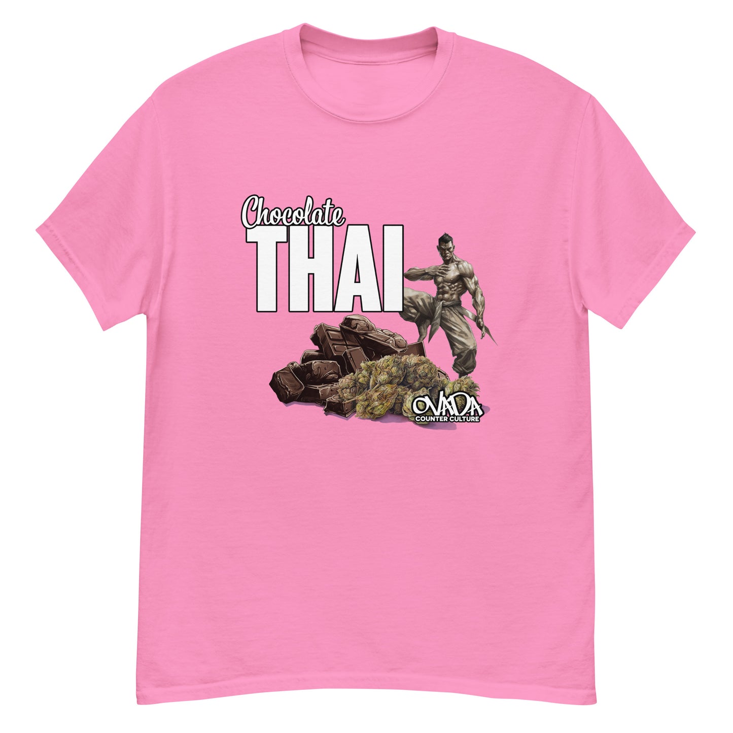 A pink cotton graphic t-shirt with the words Chocolate Thai. A cartoon depiction of a Muay Thai Fighter is standing on a pile of chocolates, with marijuana buds in front of it.
