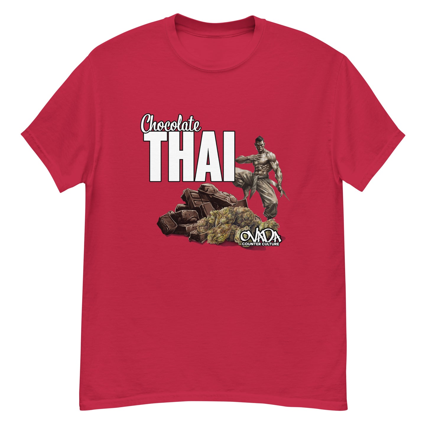 A cardinal red cotton graphic t-shirt with the words Chocolate Thai. A cartoon depiction of a Muay Thai Fighter is standing on a pile of chocolates, with marijuana buds in front of it.