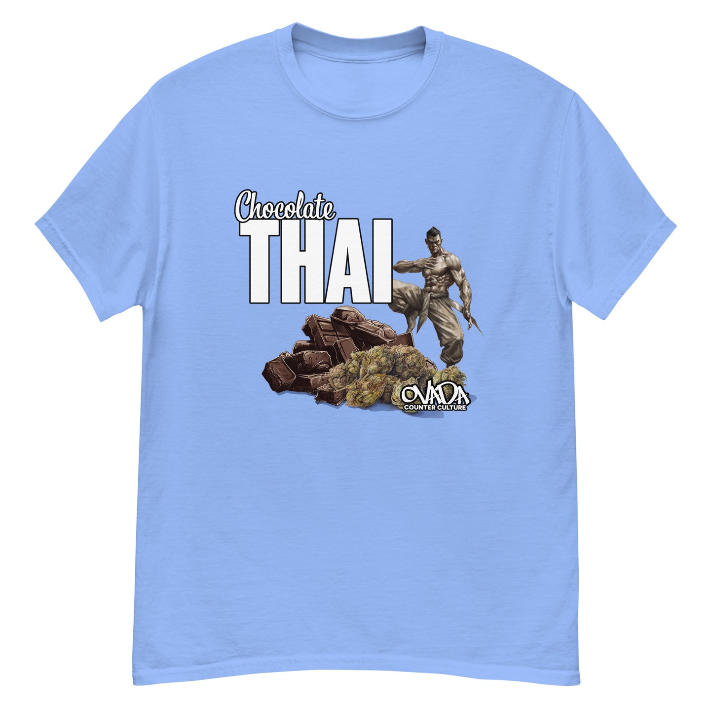 A Carolina blue cotton graphic t-shirt with the words Chocolate Thai. A cartoon depiction of a Muay Thai Fighter is standing on a pile of chocolates, with marijuana buds in front of it.