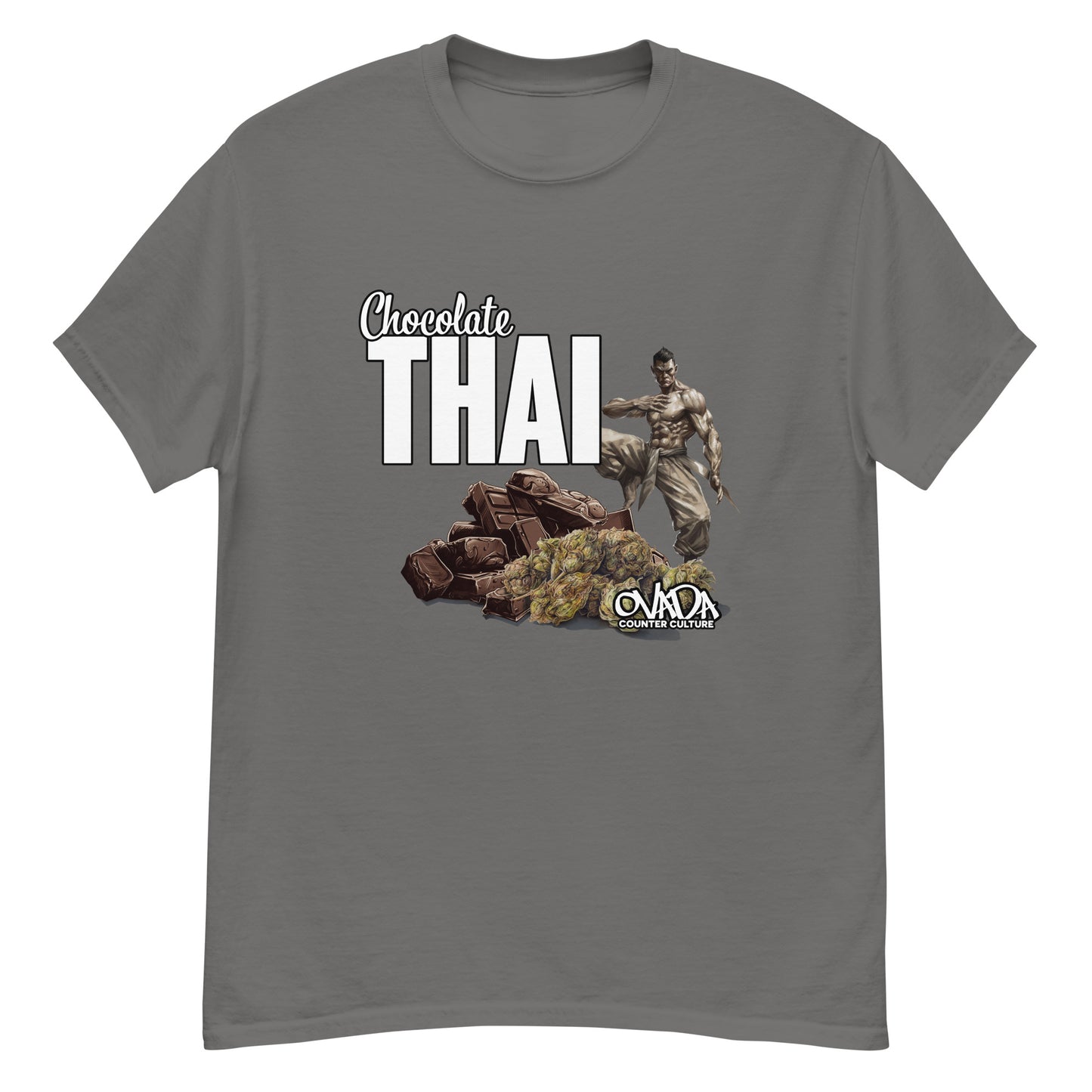 A charcoal gray cotton graphic t-shirt with the words Chocolate Thai. A cartoon depiction of a Muay Thai Fighter is standing on a pile of chocolates, with marijuana buds in front of it.