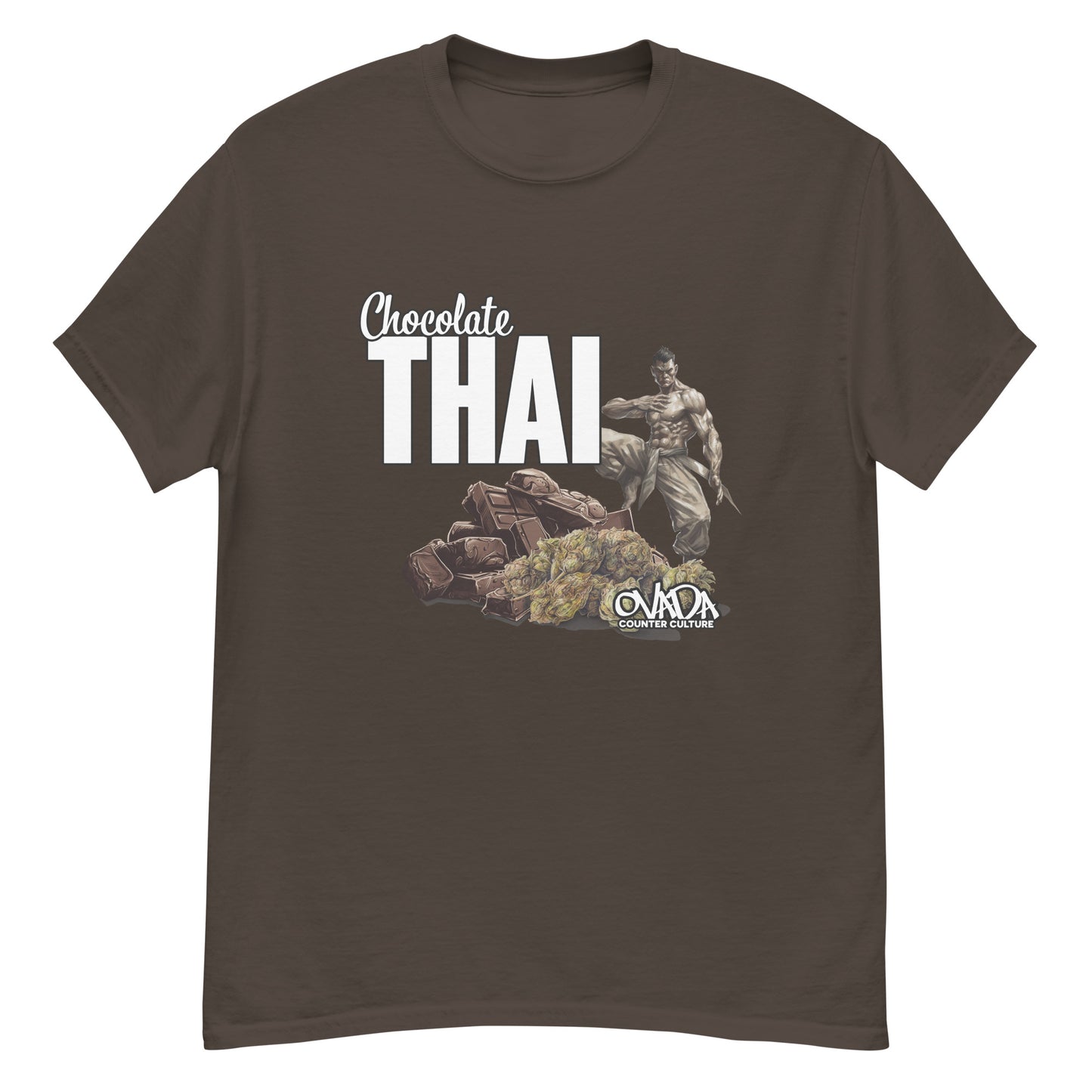 A dark brown cotton graphic t-shirt with the words Chocolate Thai. A cartoon depiction of a Muay Thai Fighter is standing on a pile of chocolates, with marijuana buds in front of it.