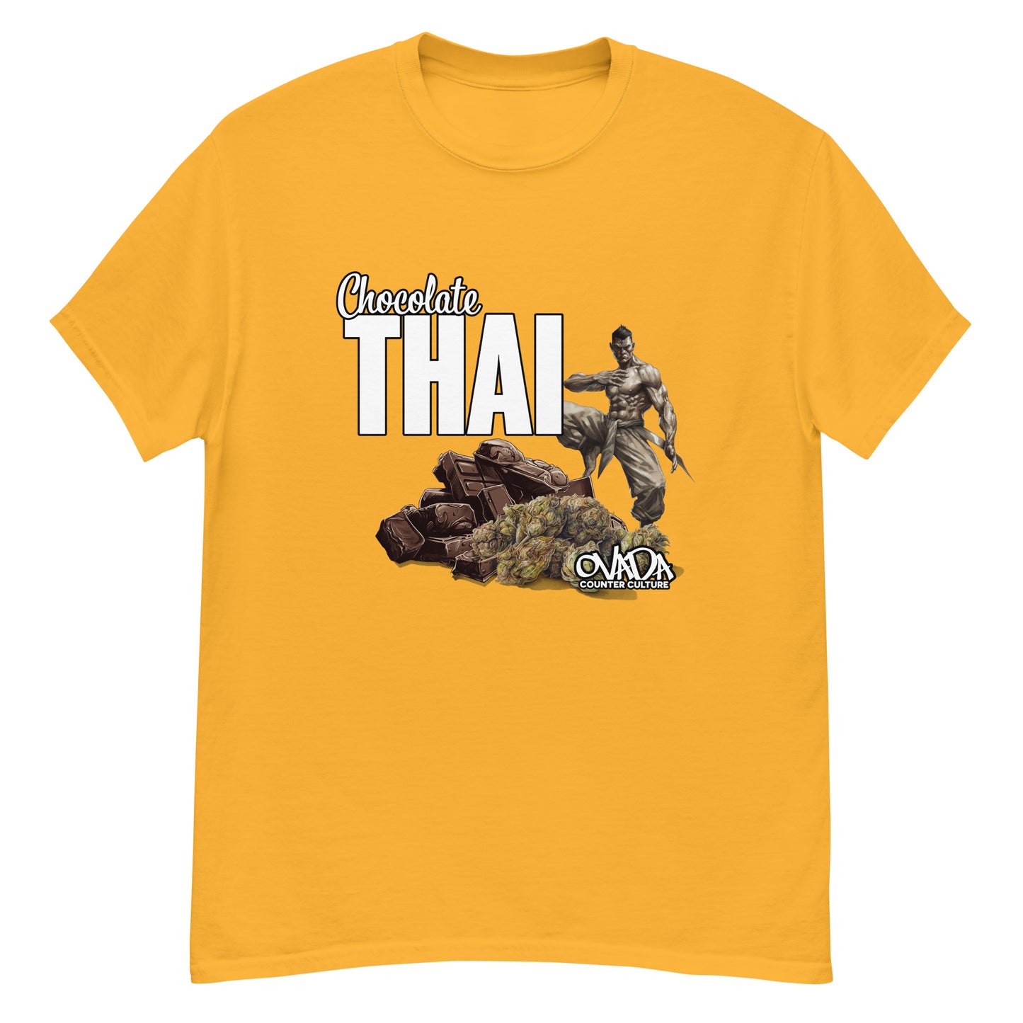 A gold yellow cotton graphic t-shirt with the words Chocolate Thai. A cartoon depiction of a Muay Thai Fighter is standing on a pile of chocolates, with marijuana buds in front of it.