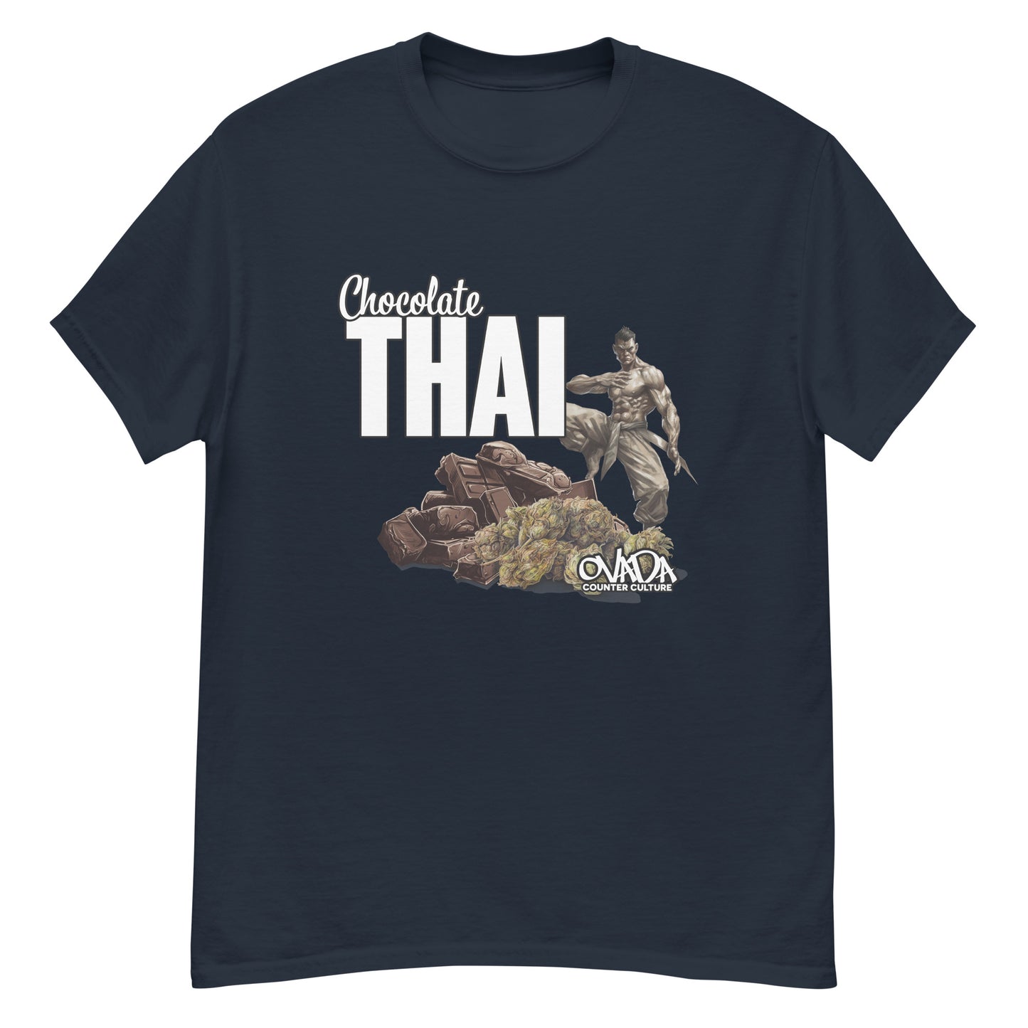 A navy blue cotton graphic t-shirt with the words Chocolate Thai. A cartoon depiction of a Muay Thai Fighter is standing on a pile of chocolates, with marijuana buds in front of it.