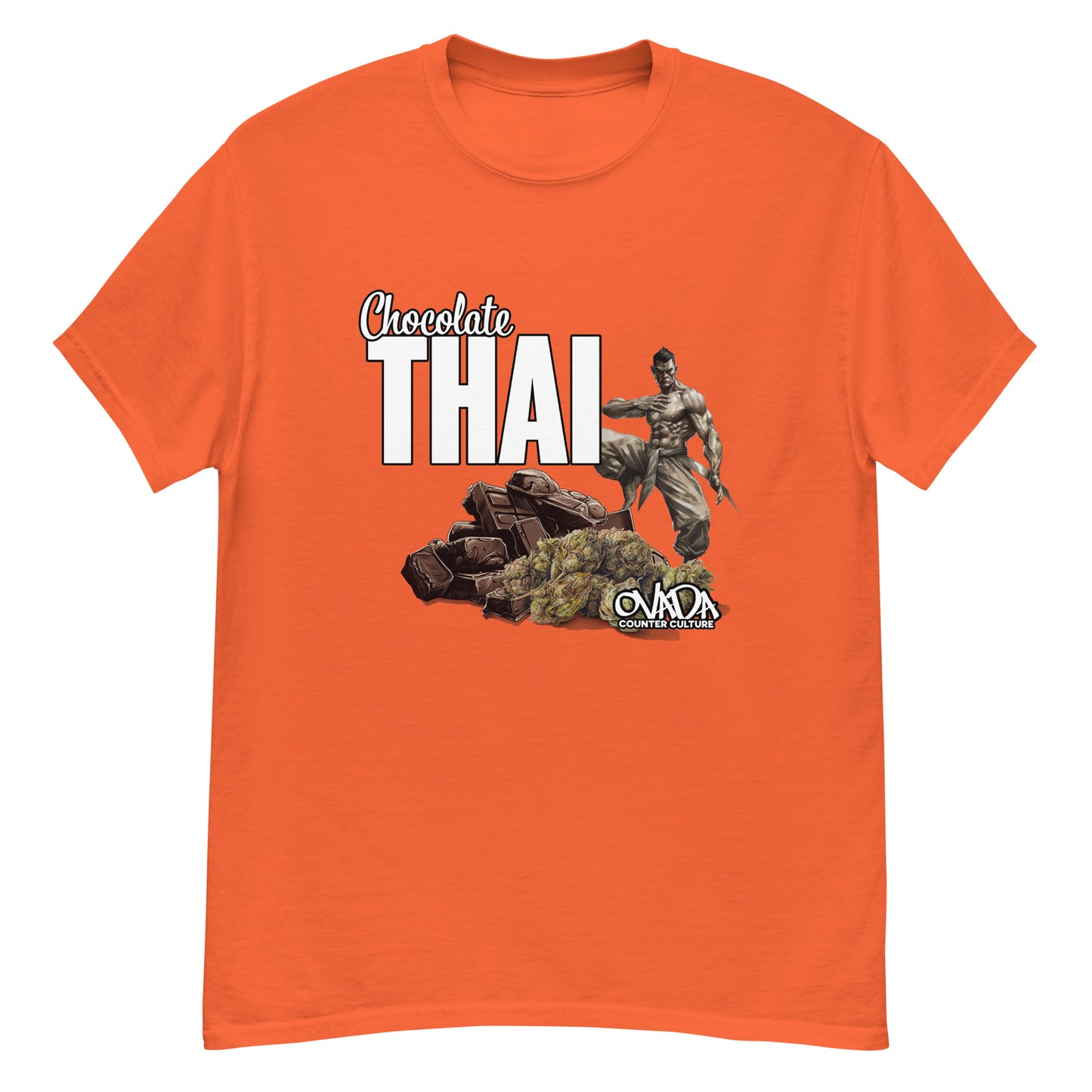 A orange cotton graphic t-shirt with the words Chocolate Thai. A cartoon depiction of a Muay Thai Fighter is standing on a pile of chocolates, with marijuana buds in front of it.