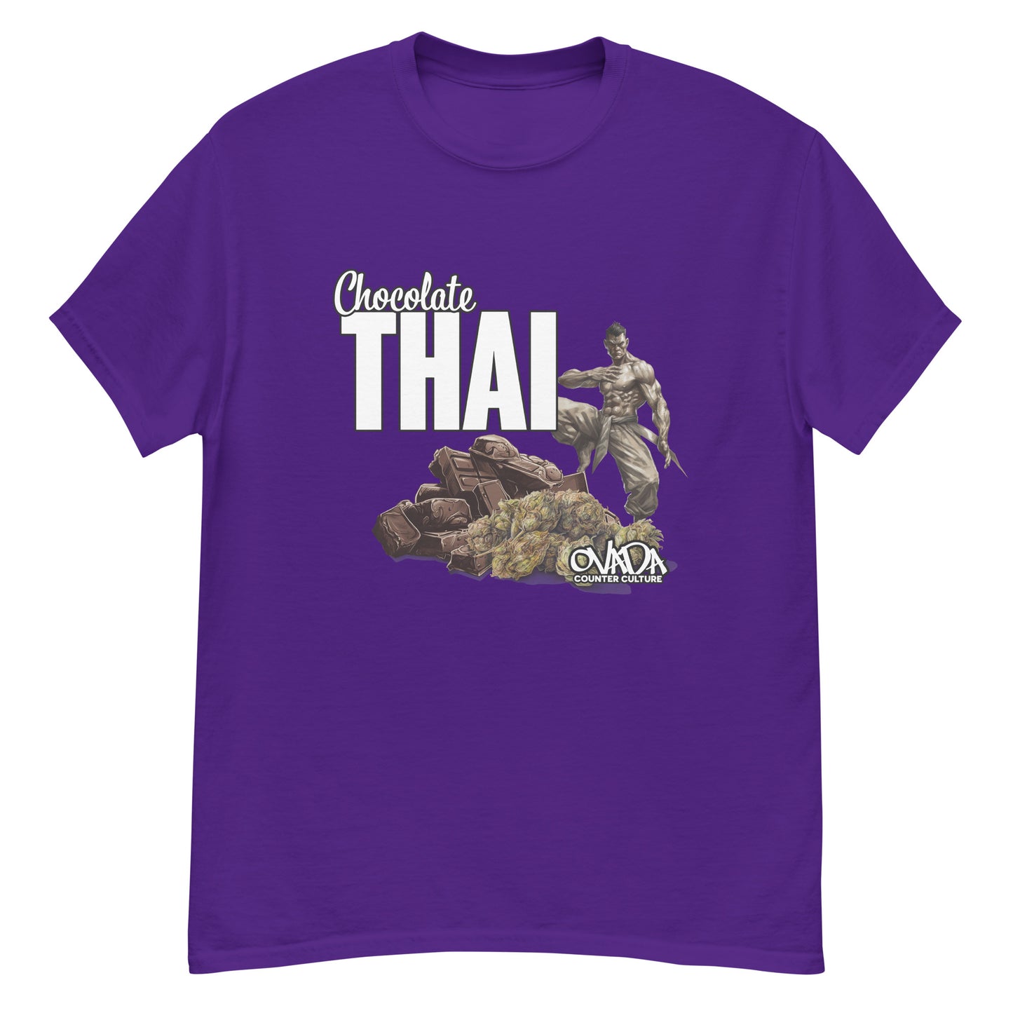 A purple cotton graphic t-shirt with the words Chocolate Thai. A cartoon depiction of a Muay Thai Fighter is standing on a pile of chocolates, with marijuana buds in front of it.