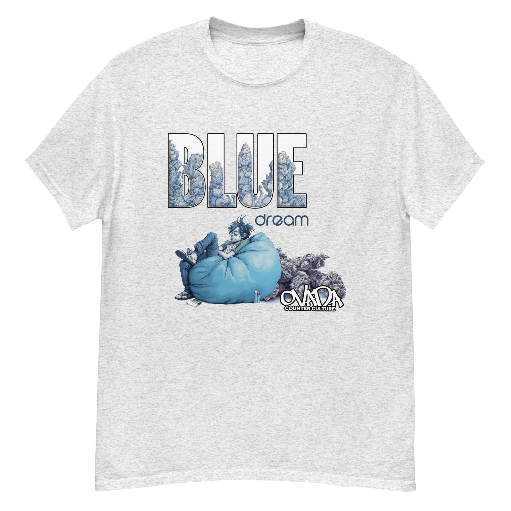 An ash cotton graphic t-shirt with the words Blue Dream. A monochromatic blue cartoon depiction of a stoner passed out in a bean back with marijuana buds behind him.