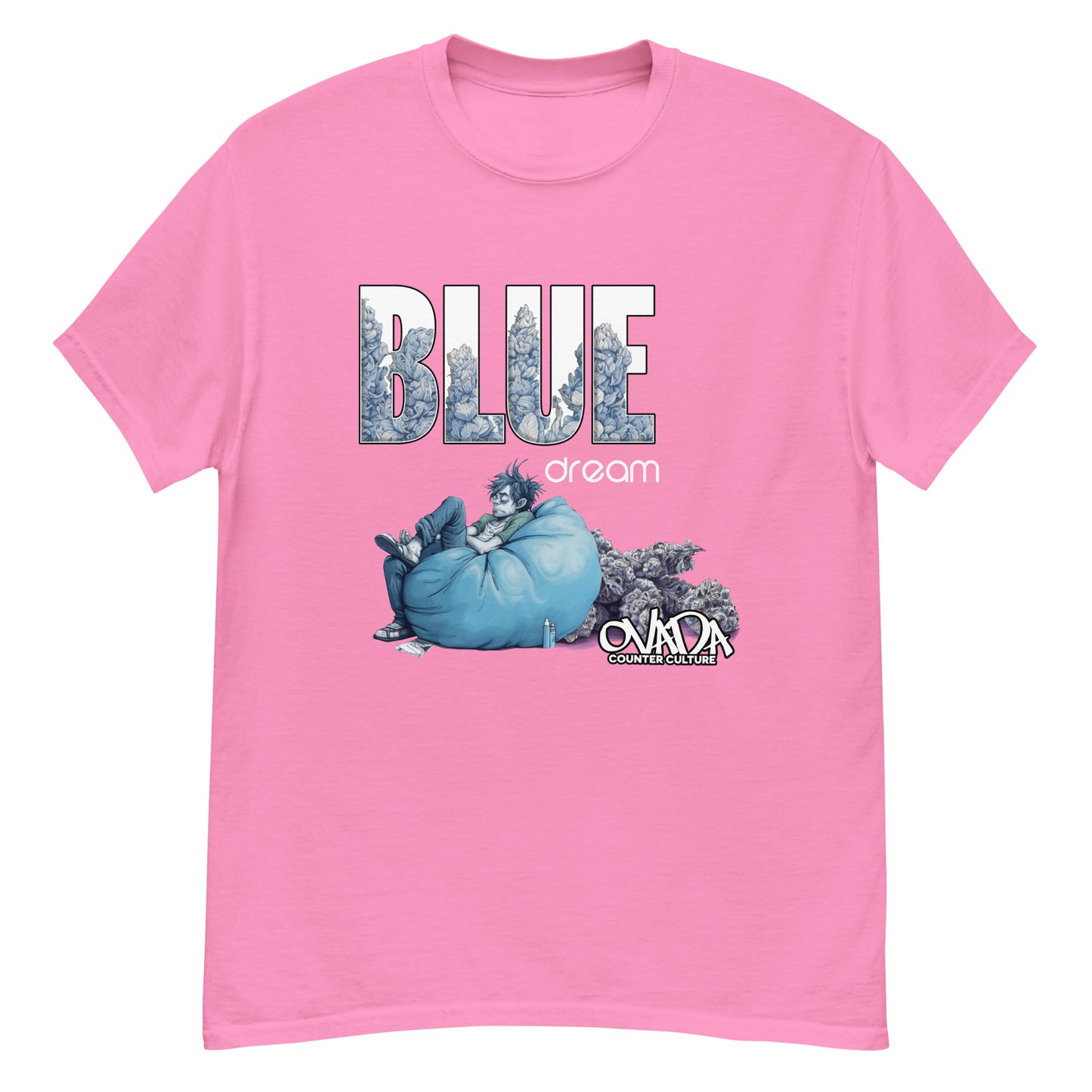 A pink cotton graphic t-shirt with the words Blue Dream. A monochromatic blue cartoon depiction of a stoner passed out in a bean back with marijuana buds behind him. Weed