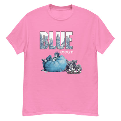 A pink cotton graphic t-shirt with the words Blue Dream. A monochromatic blue cartoon depiction of a stoner passed out in a bean back with marijuana buds behind him. Weed