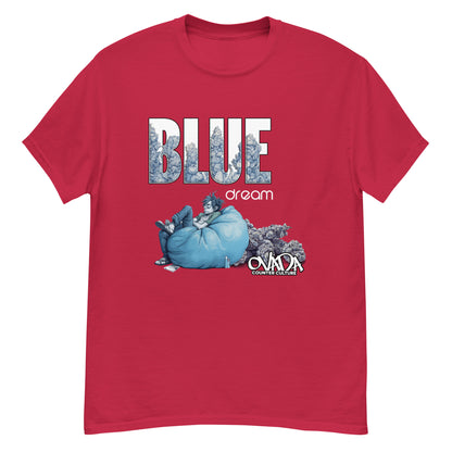 A red cotton graphic t-shirt with the words Blue Dream. A monochromatic blue cartoon depiction of a stoner passed out in a bean back with marijuana buds behind him.