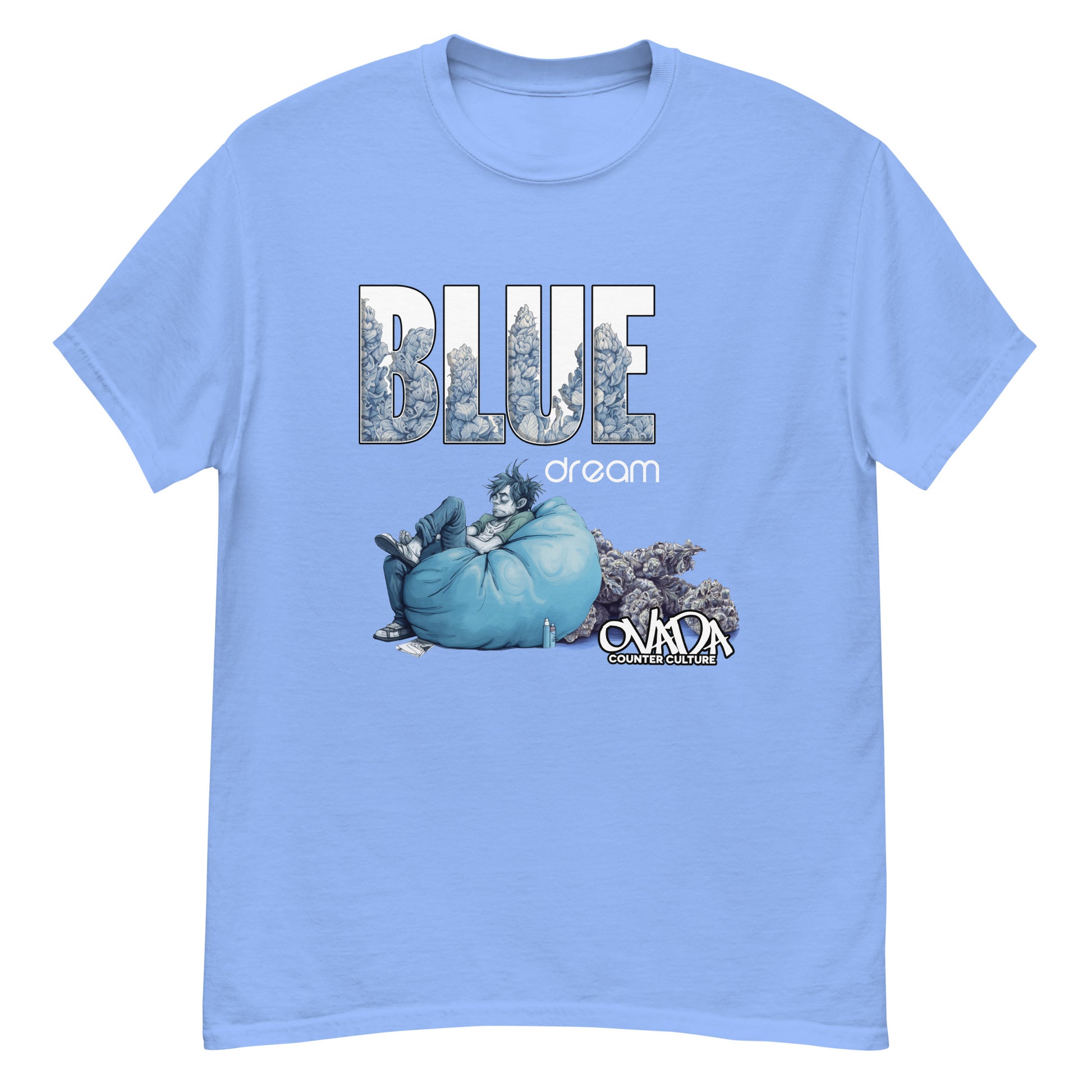 A Carolina blue cotton graphic t-shirt with the words Blue Dream. A monochromatic blue cartoon depiction of a stoner passed out in a bean back with marijuana buds behind him.