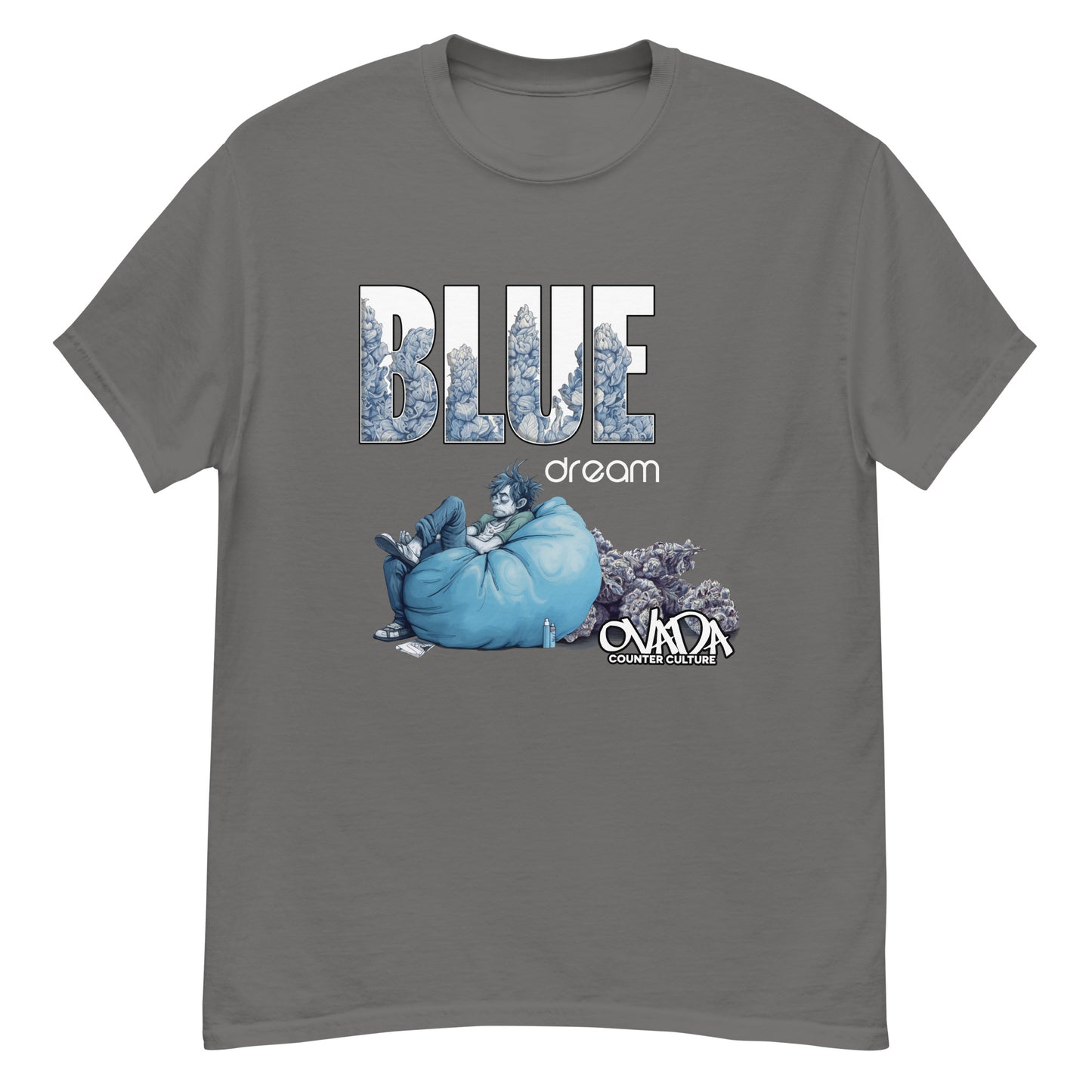 A charcoal cotton graphic t-shirt with the words Blue Dream. A monochromatic blue cartoon depiction of a stoner passed out in a bean back with marijuana buds behind him.