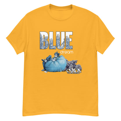 A yellow cotton graphic t-shirt with the words Blue Dream. A monochromatic blue cartoon depiction of a stoner passed out in a bean back with marijuana buds behind him.