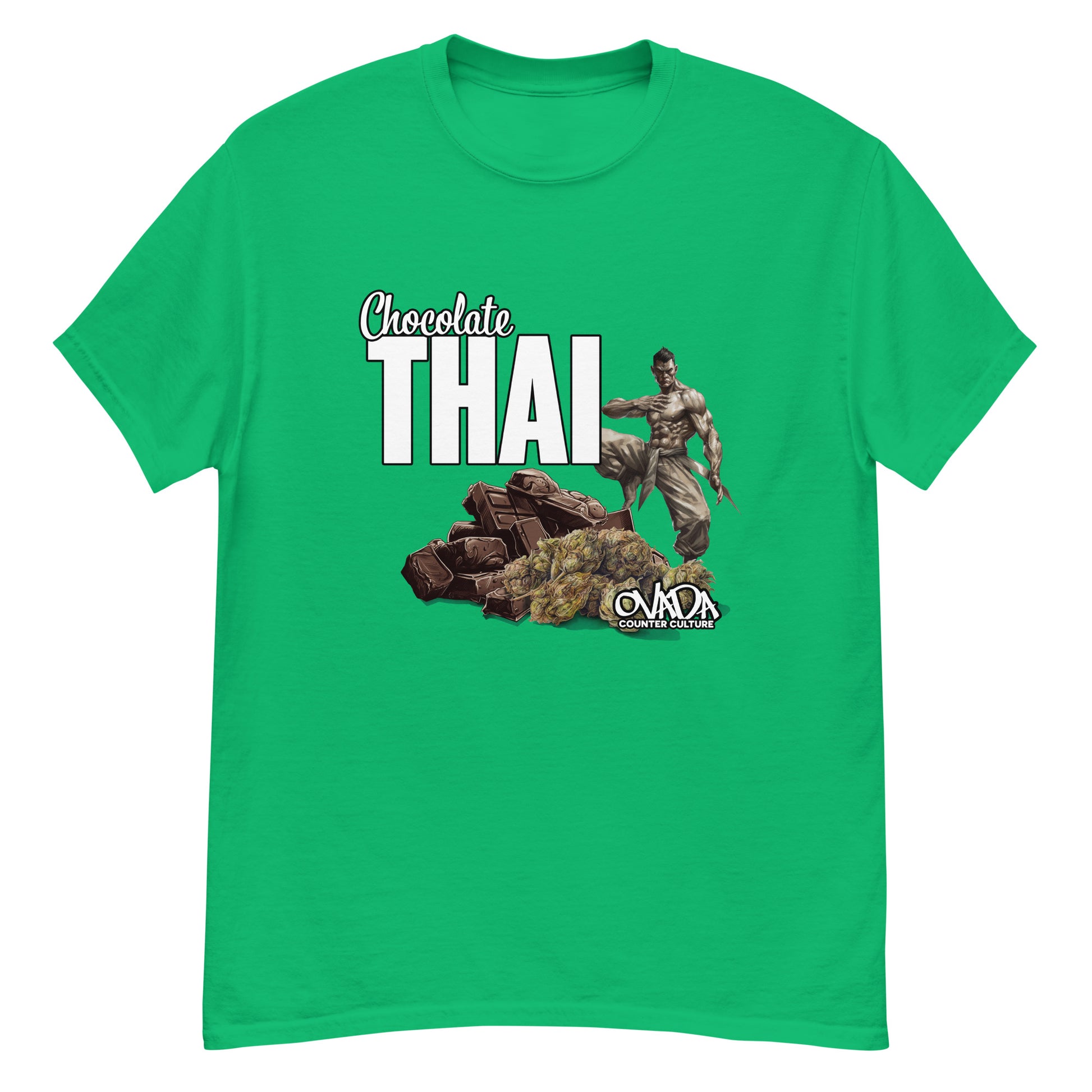 A green cotton graphic t-shirt with the words Chocolate Thai. A cartoon depiction of a Muay Thai Fighter is standing on a pile of chocolates, with marijuana buds in front of it. 