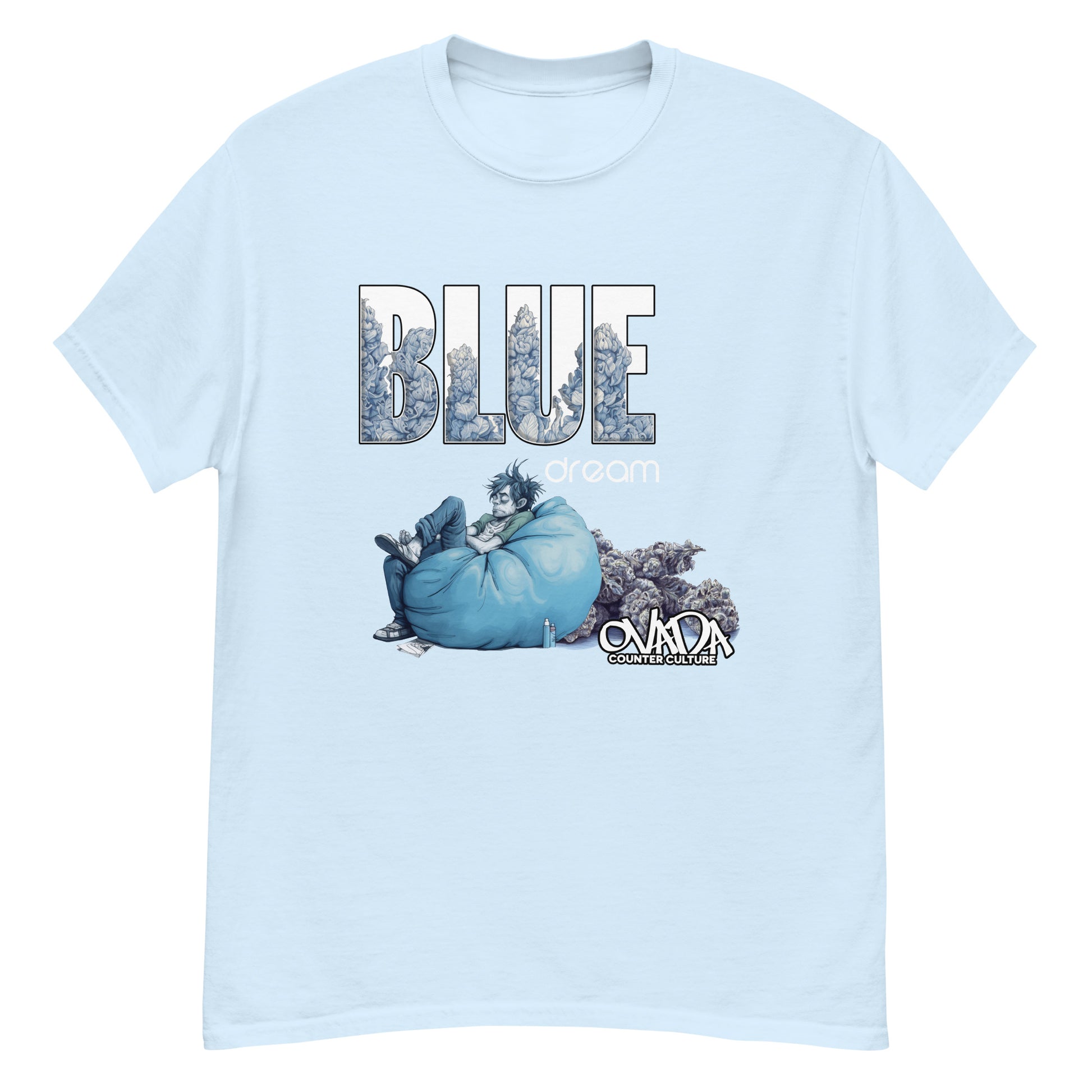 A light blue cotton graphic t-shirt with the words Blue Dream. A monochromatic blue cartoon depiction of a stoner passed out in a bean back with marijuana buds behind him. Zaza