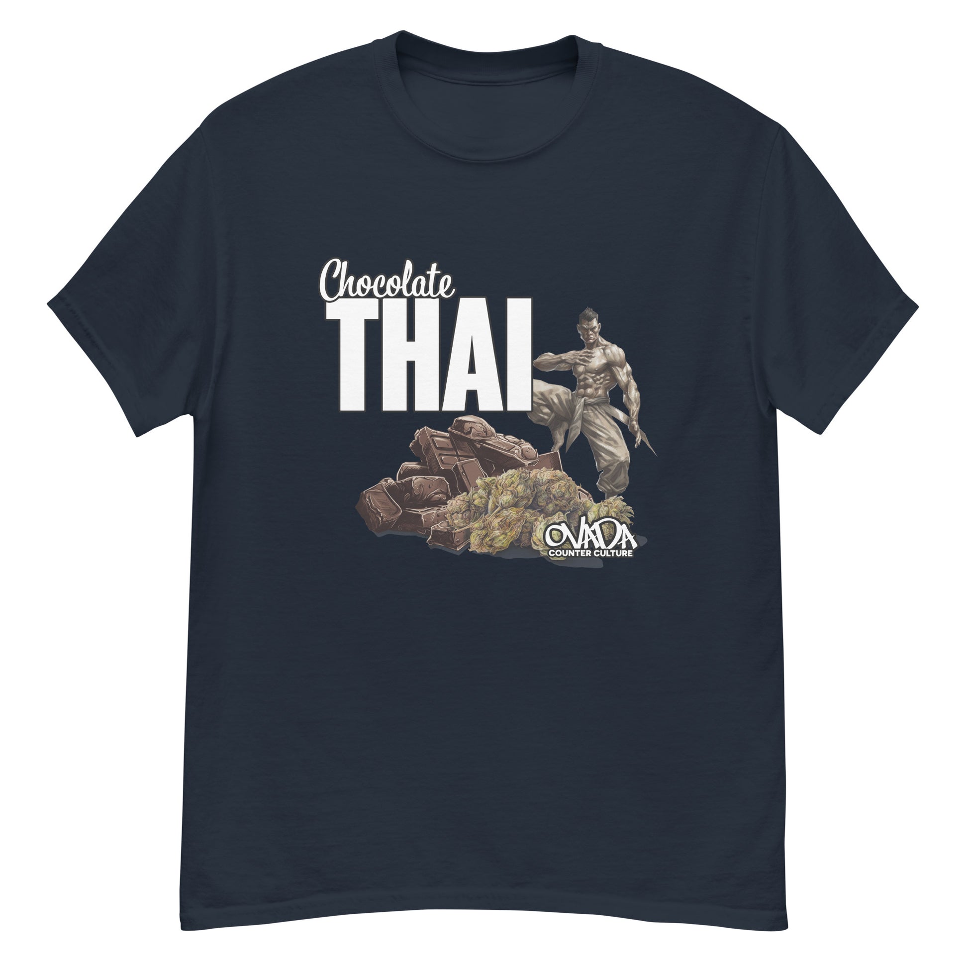 A navy blue cotton graphic t-shirt with the words Chocolate Thai. A cartoon depiction of a Muay Thai Fighter is standing on a pile of chocolates, with marijuana buds in front of it. 