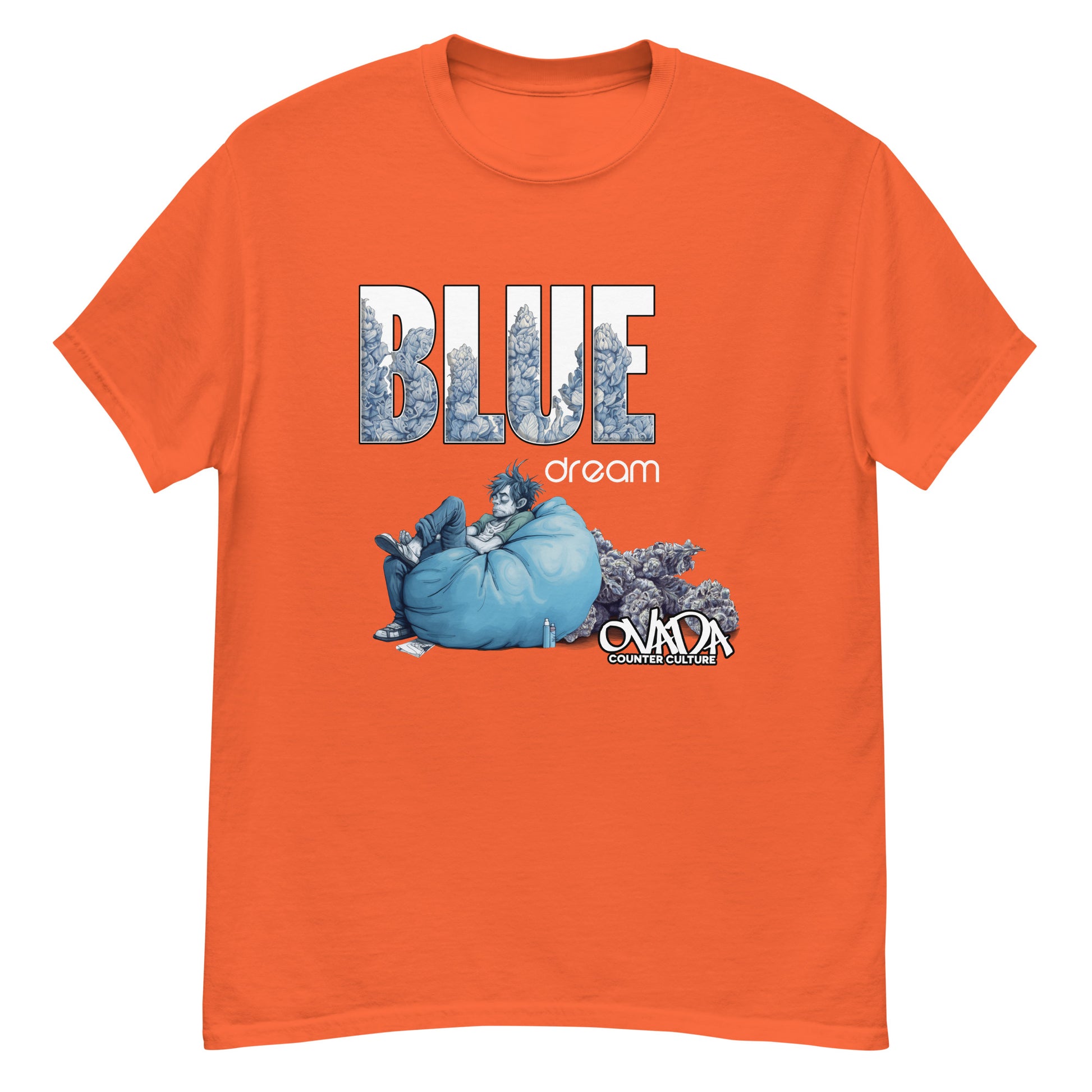 An orange cotton graphic t-shirt with the words Blue Dream. A monochromatic blue cartoon depiction of a stoner passed out in a bean back with marijuana buds behind him.