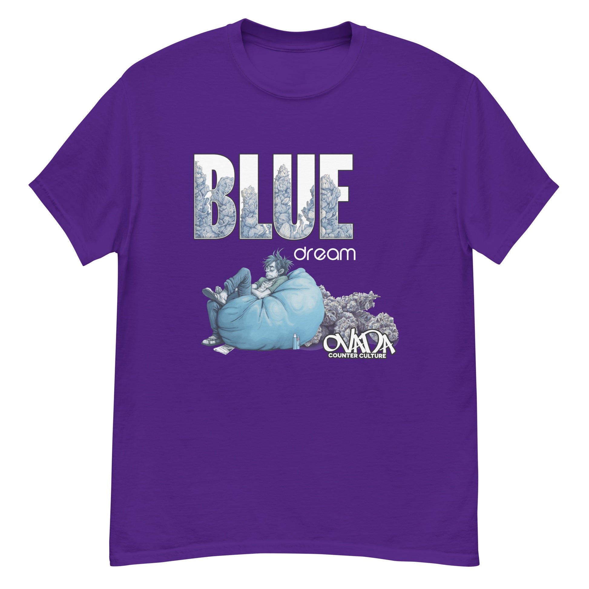 A purple cotton graphic t-shirt with the words Blue Dream. A monochromatic blue cartoon depiction of a stoner passed out in a bean back with marijuana buds behind him.