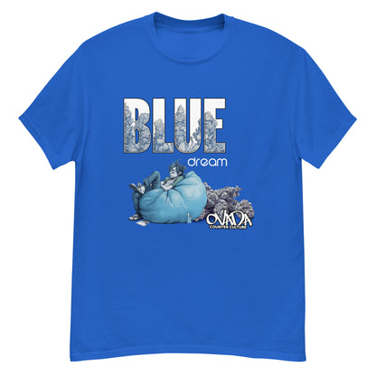 A royal blue cotton graphic t-shirt with the words Blue Dream. A monochromatic blue cartoon depiction of a stoner passed out in a bean back with marijuana buds behind him.