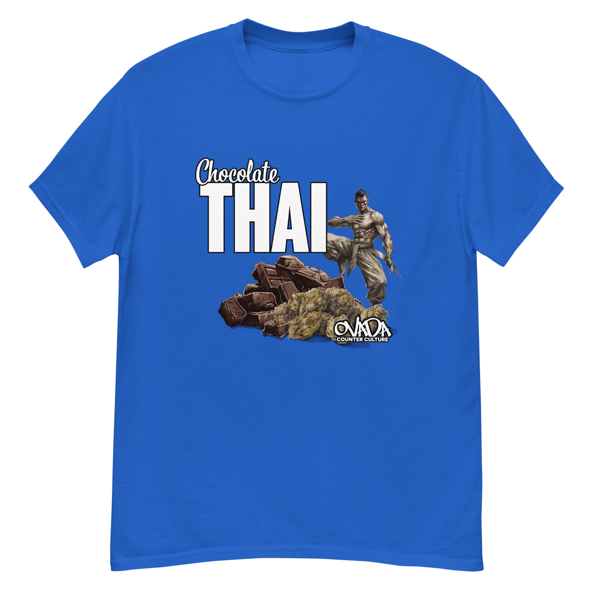 A royal blue cotton graphic t-shirt with the words Chocolate Thai. A cartoon depiction of a Muay Thai Fighter is standing on a pile of chocolates, with marijuana buds in front of it. 