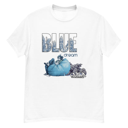 A white cotton graphic t-shirt with the words Blue Dream. A monochromatic blue cartoon depiction of a stoner passed out in a bean back with marijuana buds behind him.