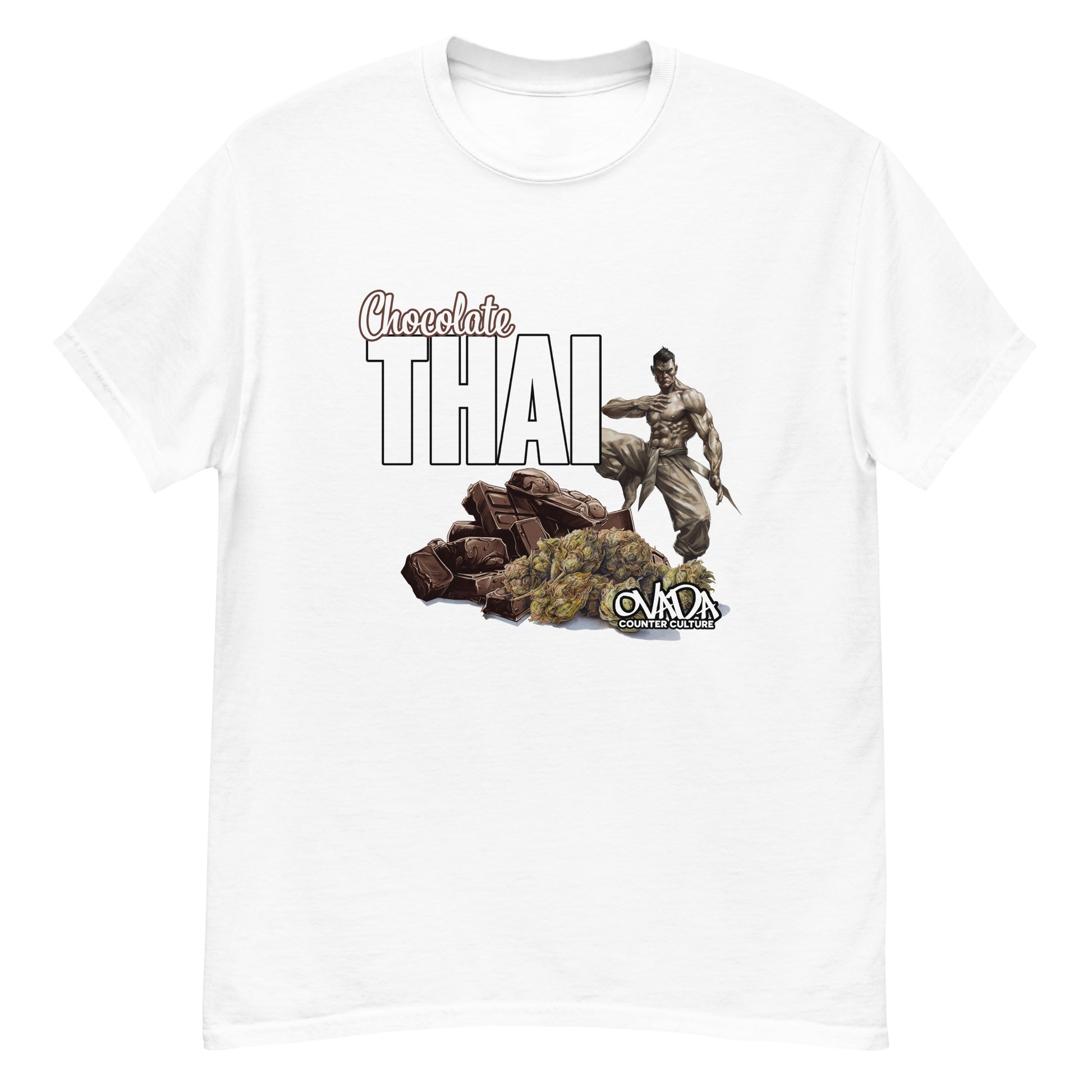 A white cotton graphic t-shirt with the words Chocolate Thai. A cartoon depiction of a Muay Thai Fighter is standing on a pile of chocolates, with marijuana buds in front of it. 